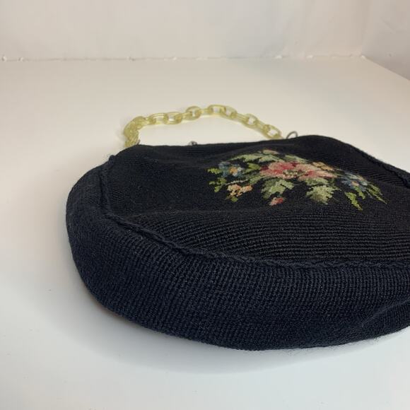 Vtg Needlepoint Purse Handbag Floral Tapestry Acrylic Lucite Close Chain 1950s - Picture 3 of 13